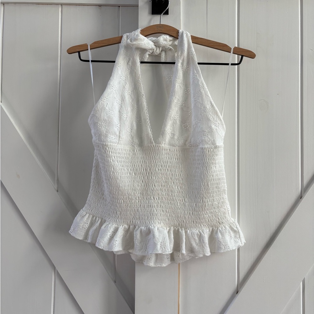 Zara White Lace Halter Top with Smocked Waist & Ruffle Hem